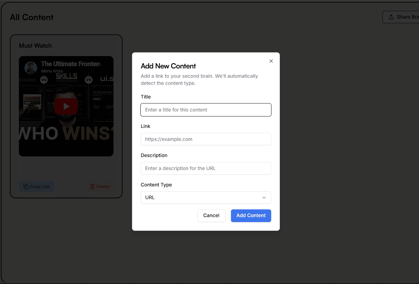 Add content modal